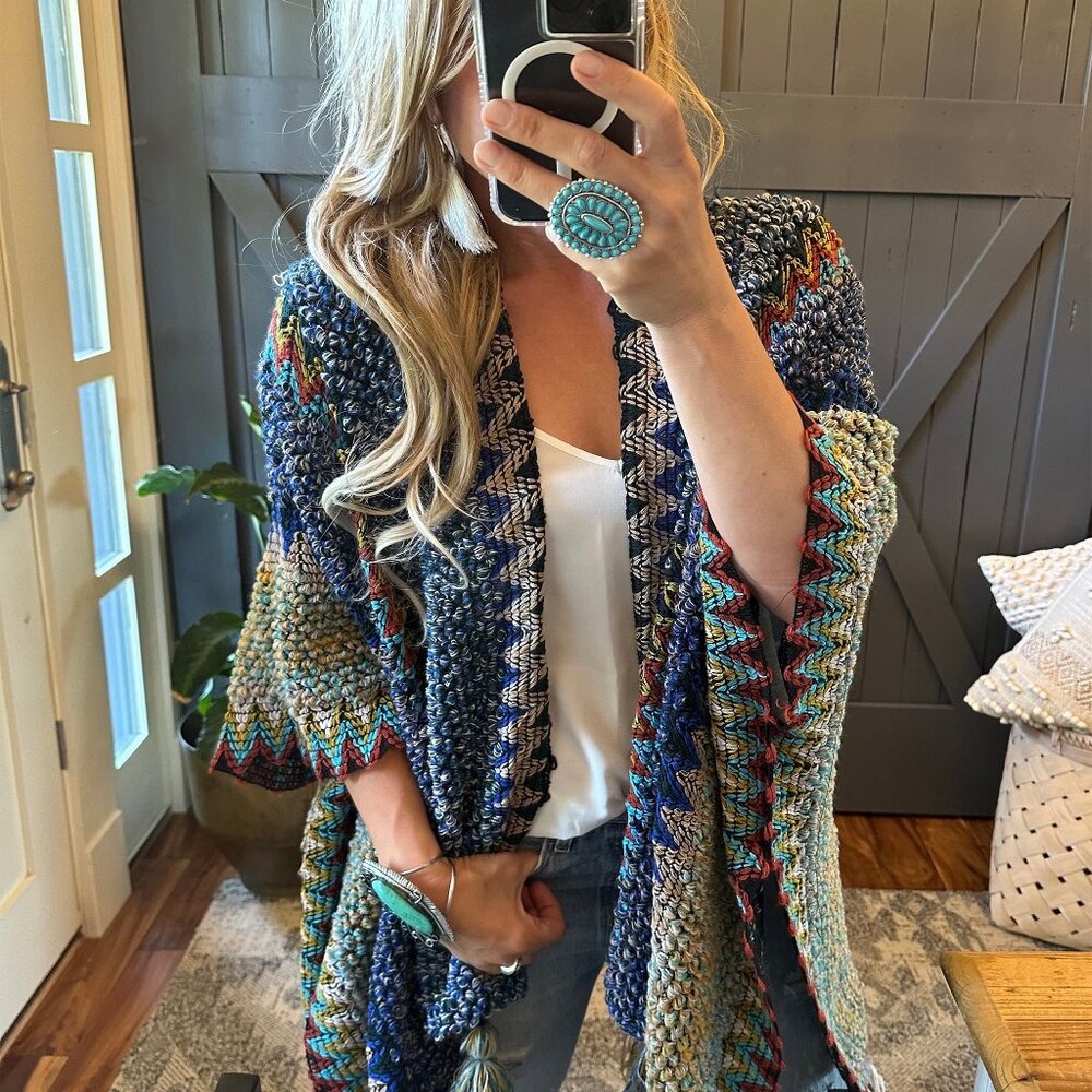 Bohemian Loom Moroccan Knit Tasseled Handmade Poncho Cardigan Sweater